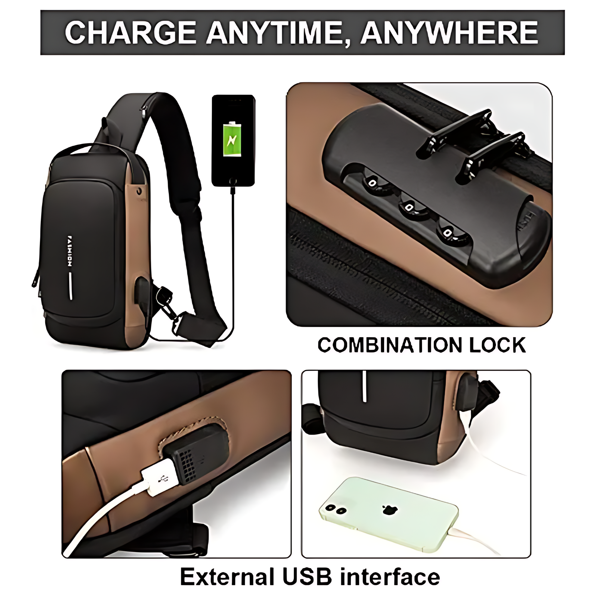Bolso Antirrobo Premium Con Candado | Impermeable, USB y Tira Reflectante | Bolso cruzado